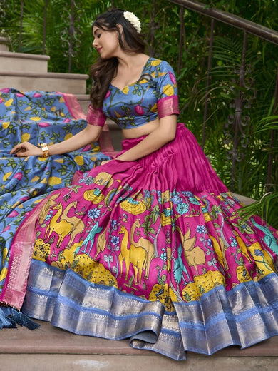 Lovable Rani Pink Kalamkari Print Dola Silk Event Wear Lehenga Choli - Ethnic Plus In